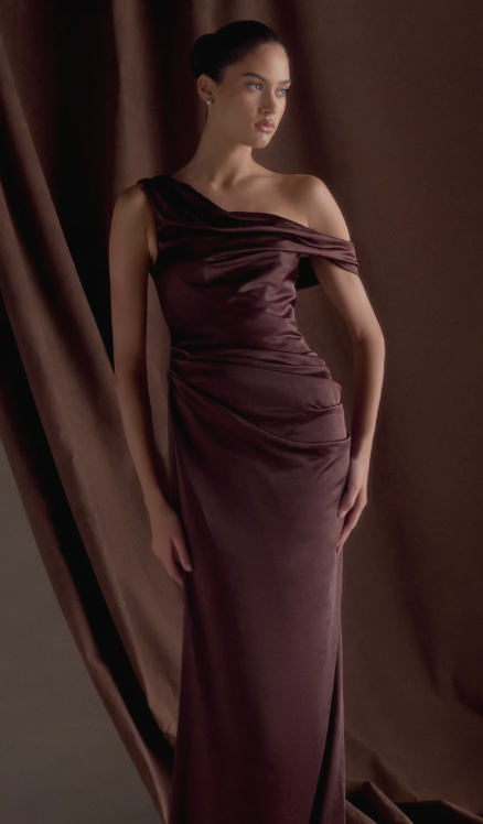 meshki off shoulder maxi dress Dalia Off Shoulder Satin Maxi Dress